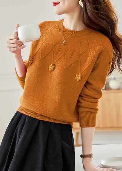 Orange Hollow Out Solid Knit Fall Sweaters O Neck QS012