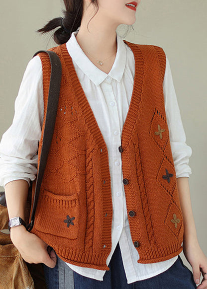 Orange Pockets Knit Vest V Neck Embroideried Fall QA035