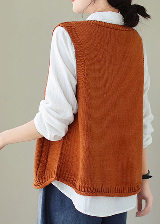 Orange Pockets Knit Vest V Neck Embroideried Fall QA035