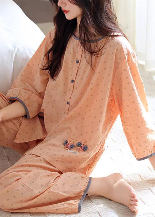 Pajamas Pockets Cotton Set Orange Patchwork Pieces Fall O Two
