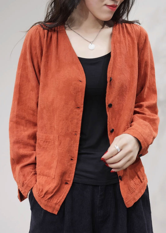 Manteau en coton uni avec poches orange et col en V pour l'automne FF029