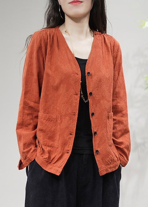 Orange Pockets Solid Cotton Coat Coats V Neck Fall FF029