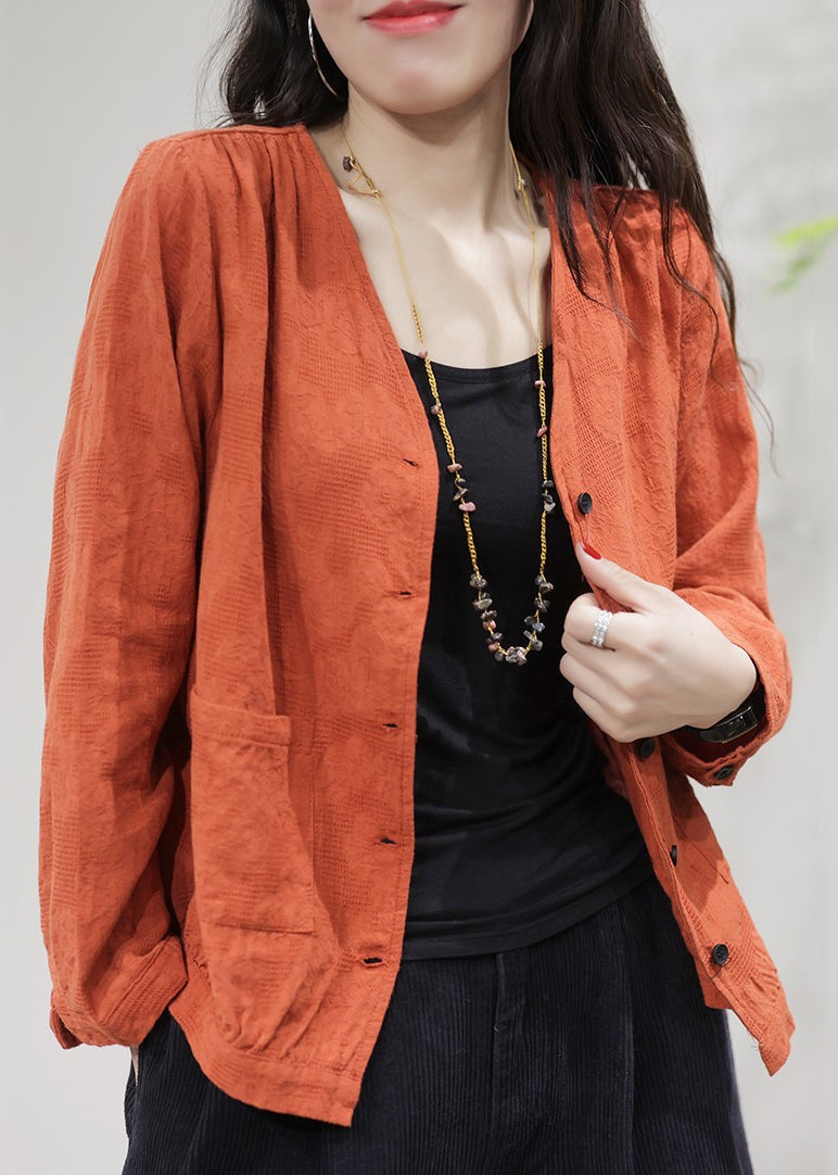 Orange Pockets Solid Cotton Coat Coats V Neck Fall FF029