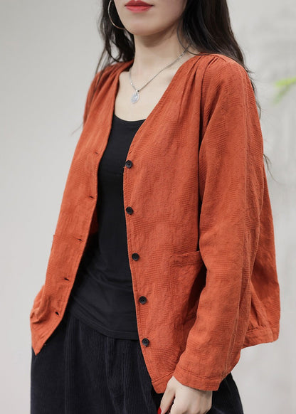 Orange Pockets Solid Cotton Coat Coats V Neck Fall FF029