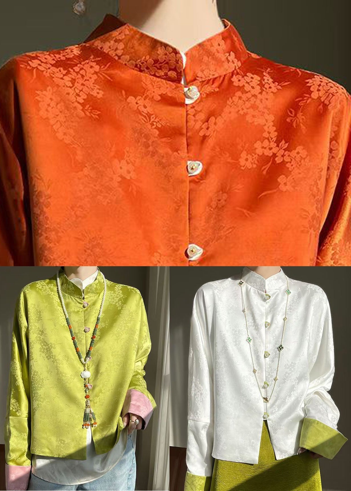 Orange Print Button Silk Shirts Stand Collar Long Sleeve AB1054