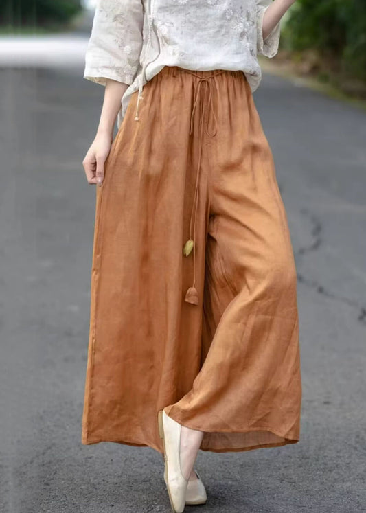 Crop Elastic Waist Orange Pockets Solid Pants Summer Cotton
