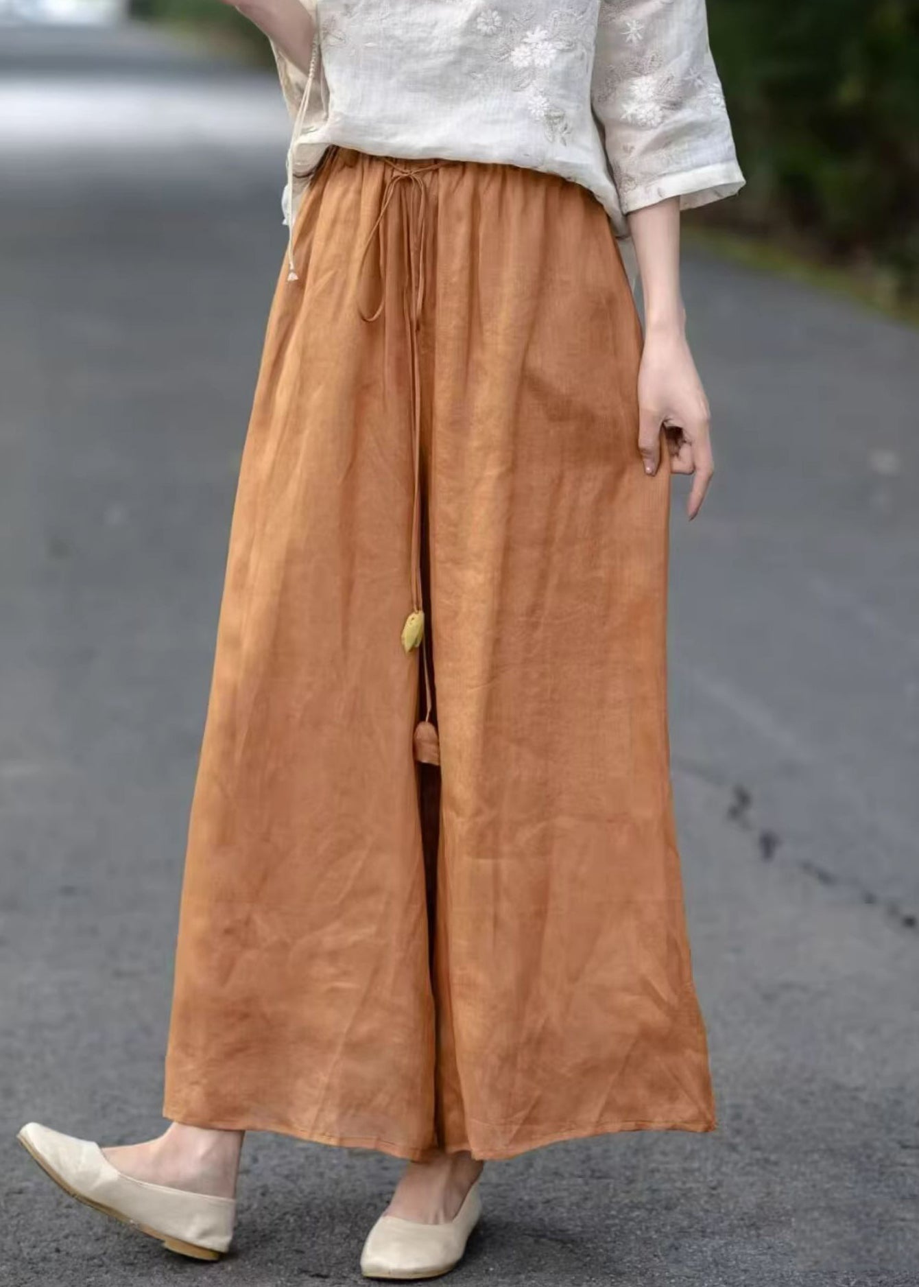 Crop Elastic Waist Orange Pockets Solid Pants Summer Cotton