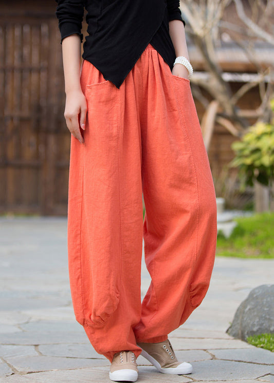 Pantalon en lin orange à poches solides taille haute QE020