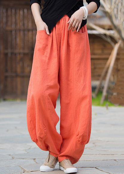 Orange Solid Pockets Linen Pants High Waist QE020