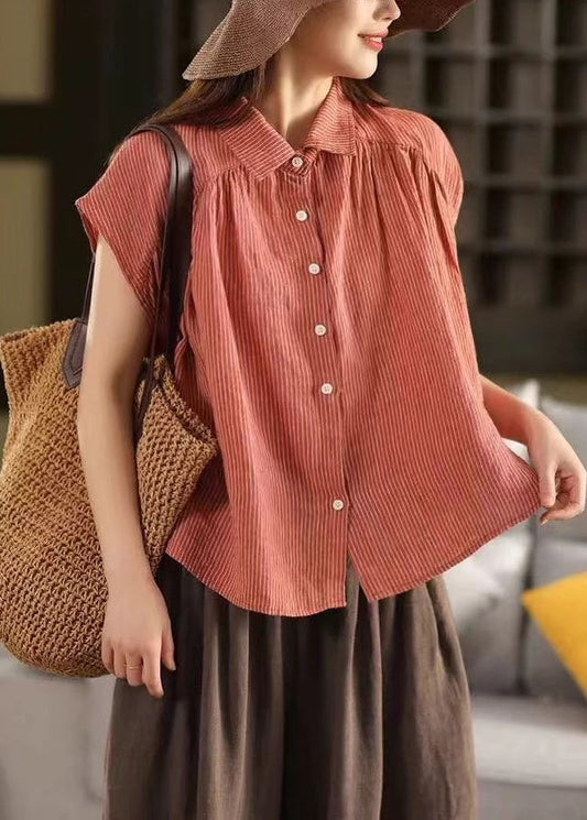 Sommer Pan Blusen Kragen gestreift Knopf Orange Leinen Peter