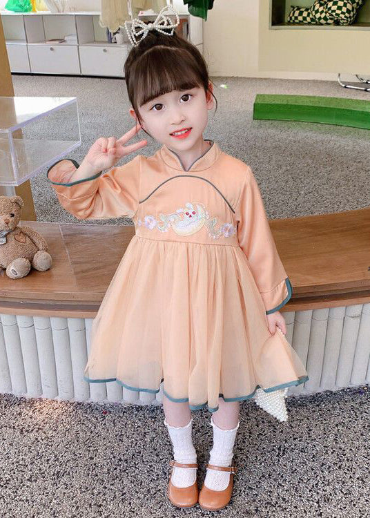 Orange Zippered Tulle Patchwork Cotton Girls Dress Stand Collar Fall XZ019