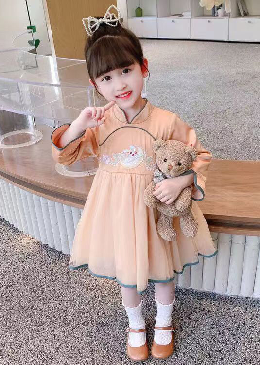 Orange Zippered Tulle Patchwork Cotton Girls Dress Stand Collar Fall XZ019