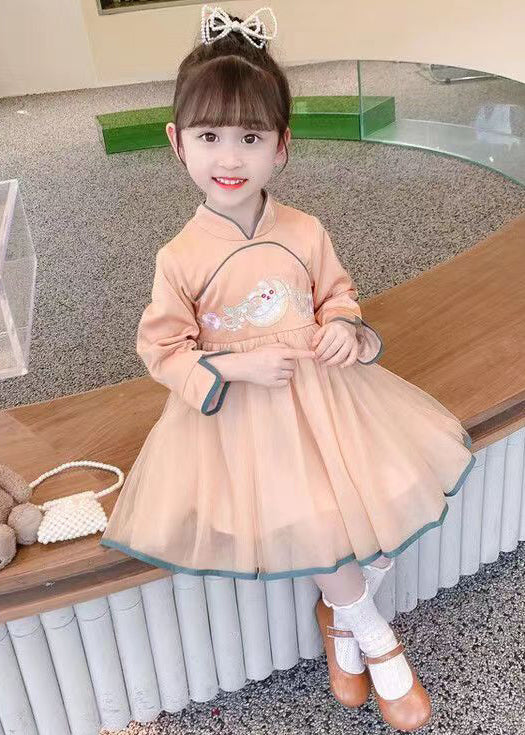 Orange Zippered Tulle Patchwork Cotton Girls Dress Stand Collar Fall XZ019