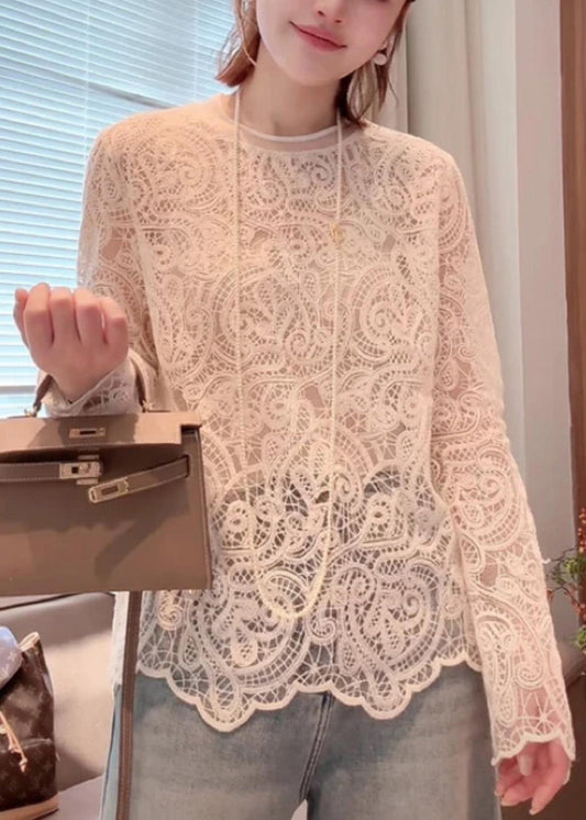 T-shirt beige à col rond et dentelle ajourée, bio, printemps