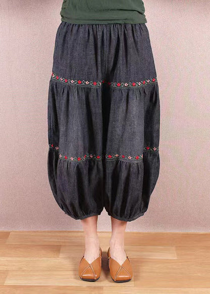 Organic Black Grey Embroidered Patchwork Denim Lantern Trousers Summer BV042