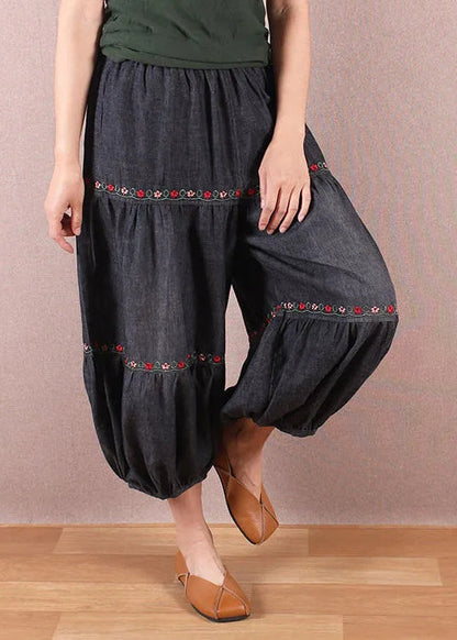 Organic Black Grey Embroidered Patchwork Denim Lantern Trousers Summer BV042