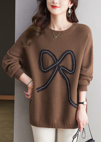 Organic Coffee O Neck Patchwork Woolen Knit Sweaters Winter RL033