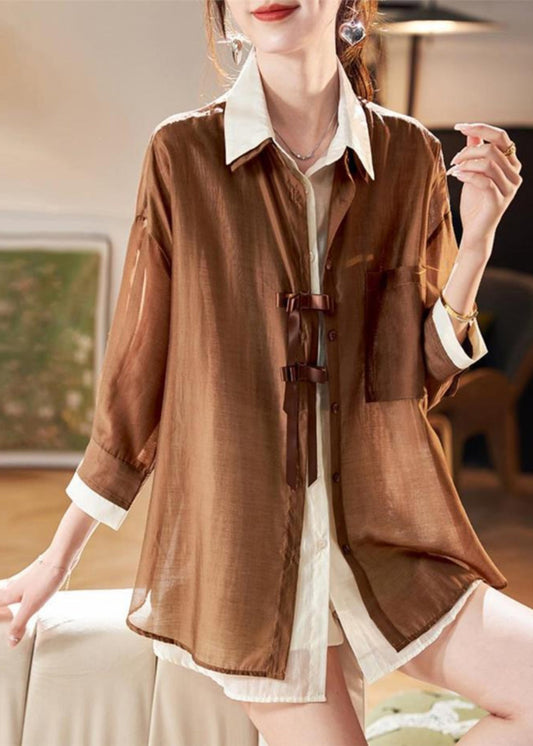 Chemise deux pièces en faux patchwork en mousseline de soie biologique Spring Coffee