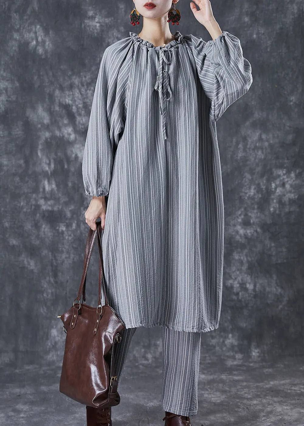 Organic Grey Ruffled Striped Cotton Dress Two Piece Suit Set Fall Ada Fashion