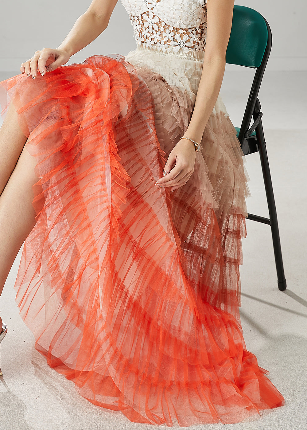 Organic Orange Ruffled Patchwork Tulle Skirts Summer YU1027