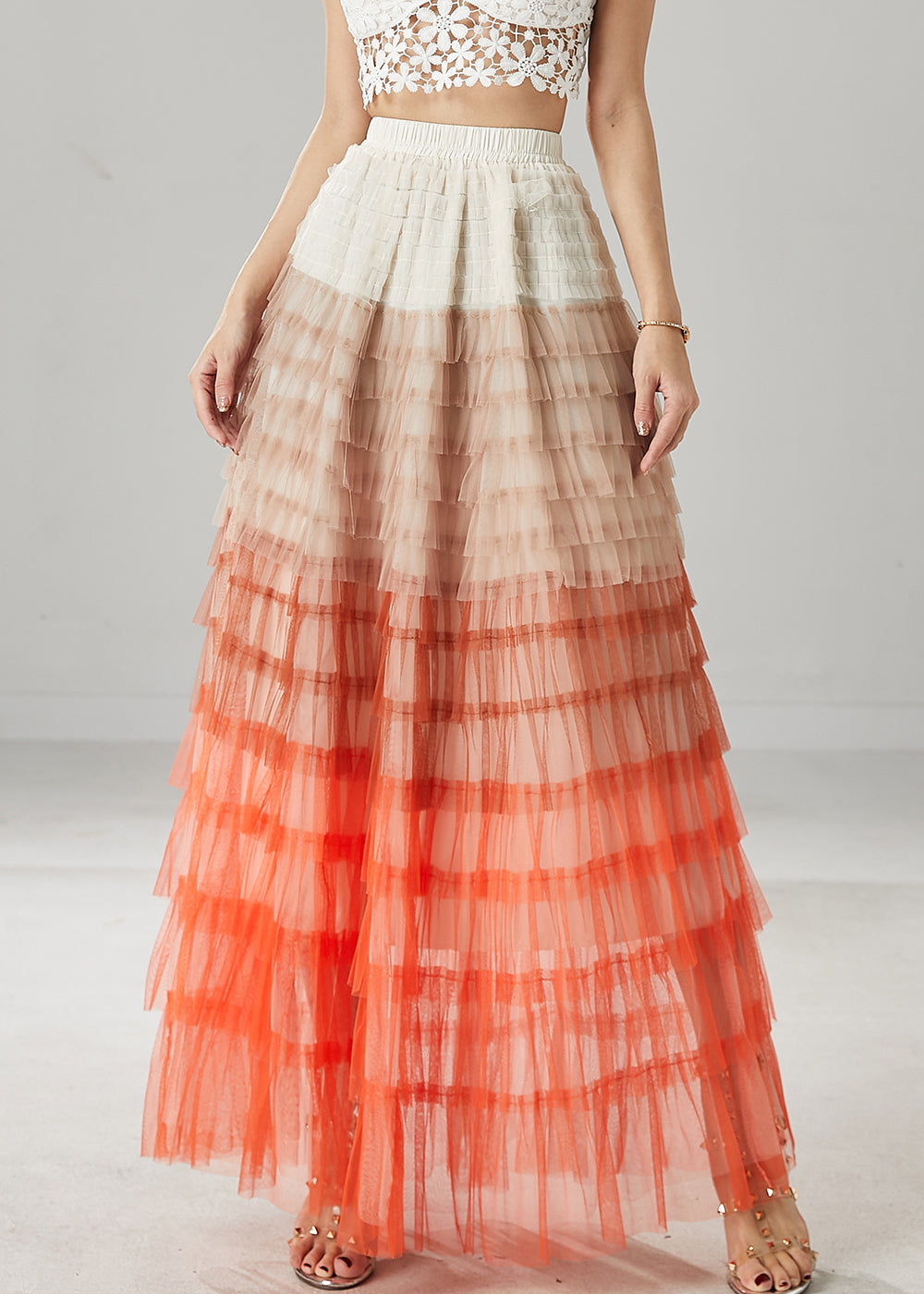 Organic Orange Ruffled Patchwork Tulle Skirts Summer YU1027