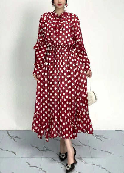 Organic Red Dot Print Ruffled Chiffon Dresses Long Sleeve AY1020