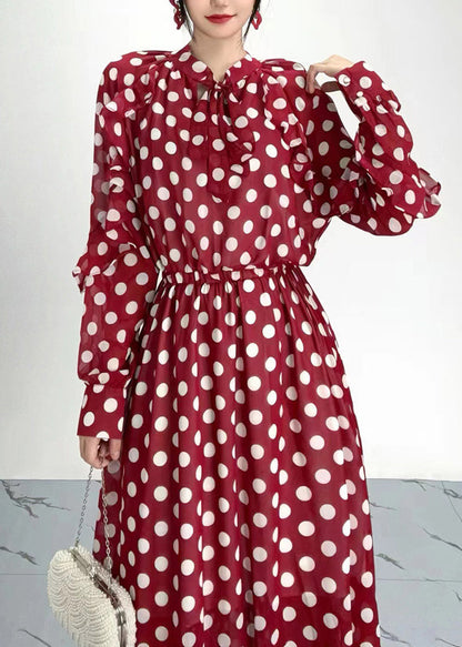 Organic Red Dot Print Ruffled Chiffon Dresses Long Sleeve AY1020