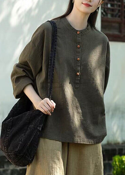 Organic Tea Green Stand Collar Linen Blouse Tops Long Sleeve LK006