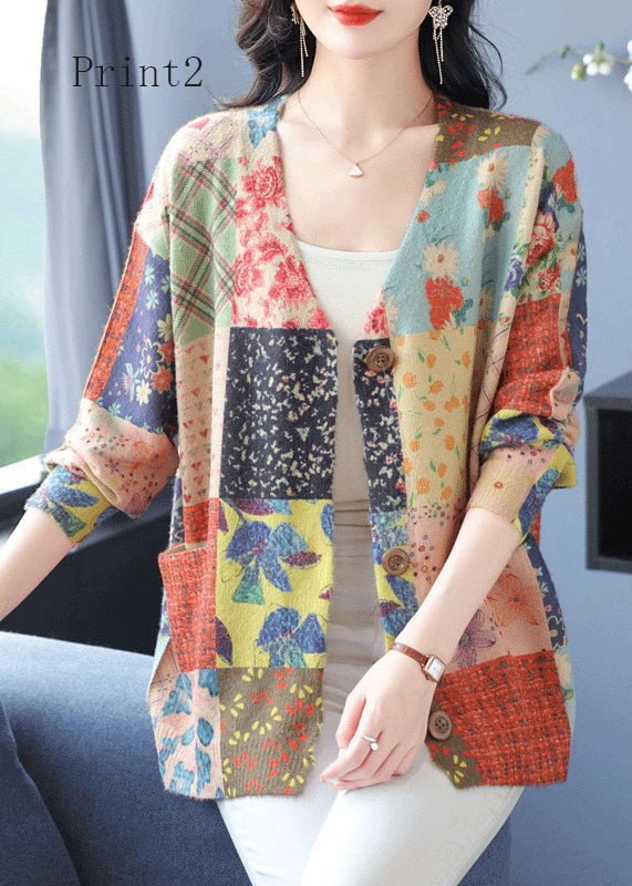 Organic V Neck Print Pockets Woolen Cardigan Spring TQ013