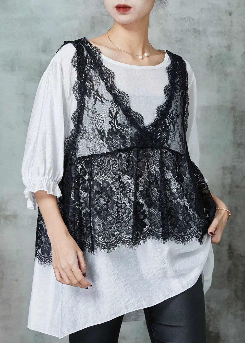 Organic White Oversized Lace Vest And Tanks Two Pieces Set Summer JK1003 Ada Fashion