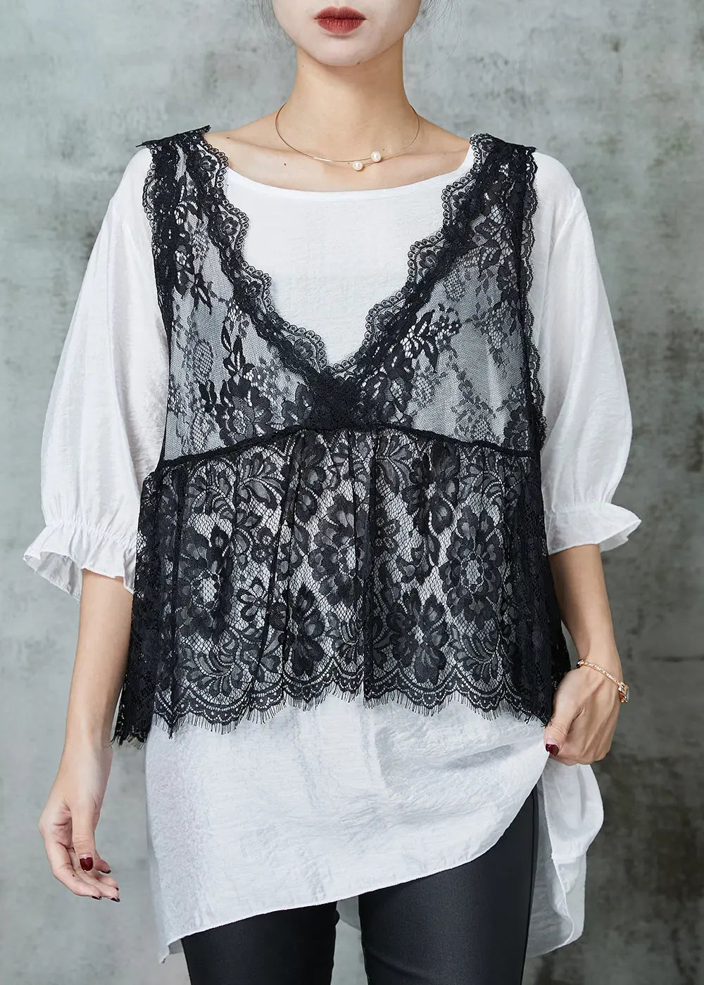 Organic White Oversized Lace Vest And Tanks Two Pieces Set Summer JK1003 Ada Fashion