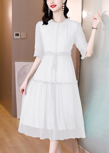 Organic White Ruffled Patchwork Drawstring Silk Dress Summer BB002