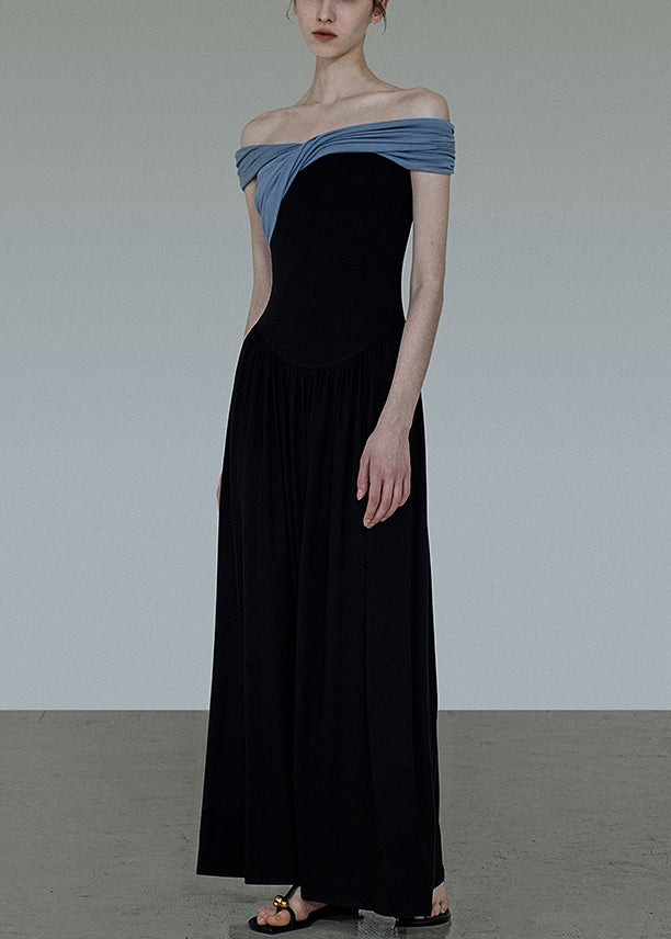 Cotton Wrinkled Neck Dress Long Patchwork Slash Original Black