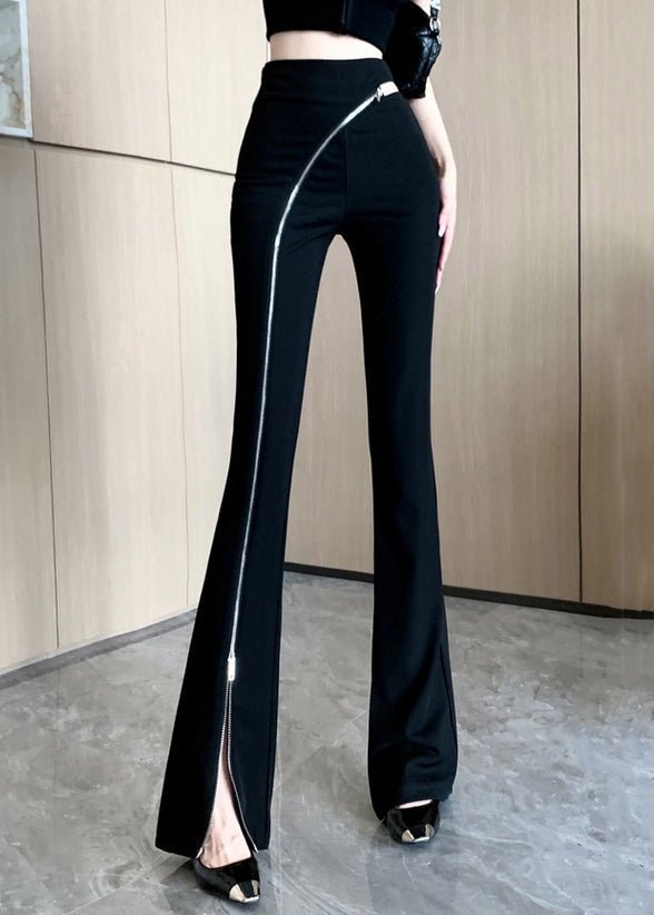 Cotton Black Trousers Up Spring Zip Side Flared Original Open