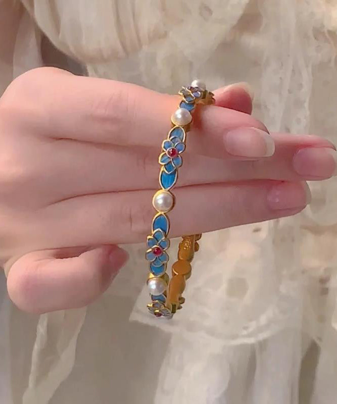 Bracelet en or avec perles originales et florales bleues antiques
