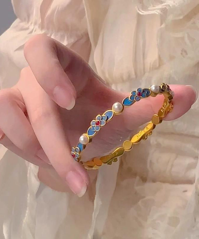 Bracelet en or avec perles originales et florales bleues antiques