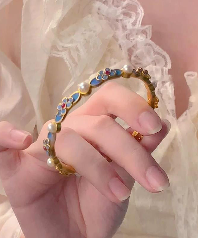 Bracelet en or avec perles originales et florales bleues antiques