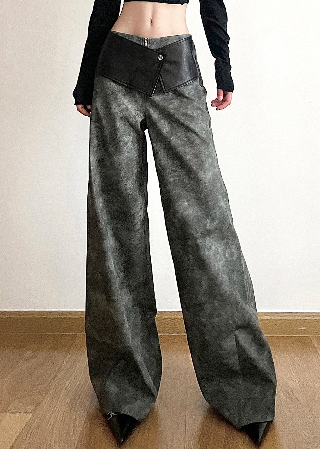 Original Dark Gray High Waist Patchwork Faux Leather Pants Fall PP025