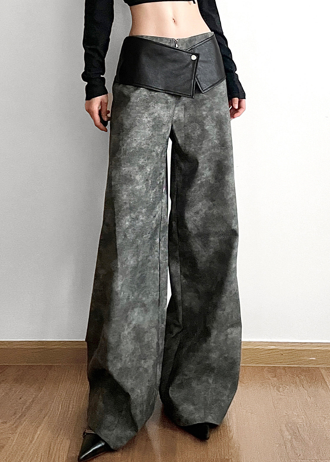 Original Dark Gray High Waist Patchwork Faux Leather Pants Fall PP025