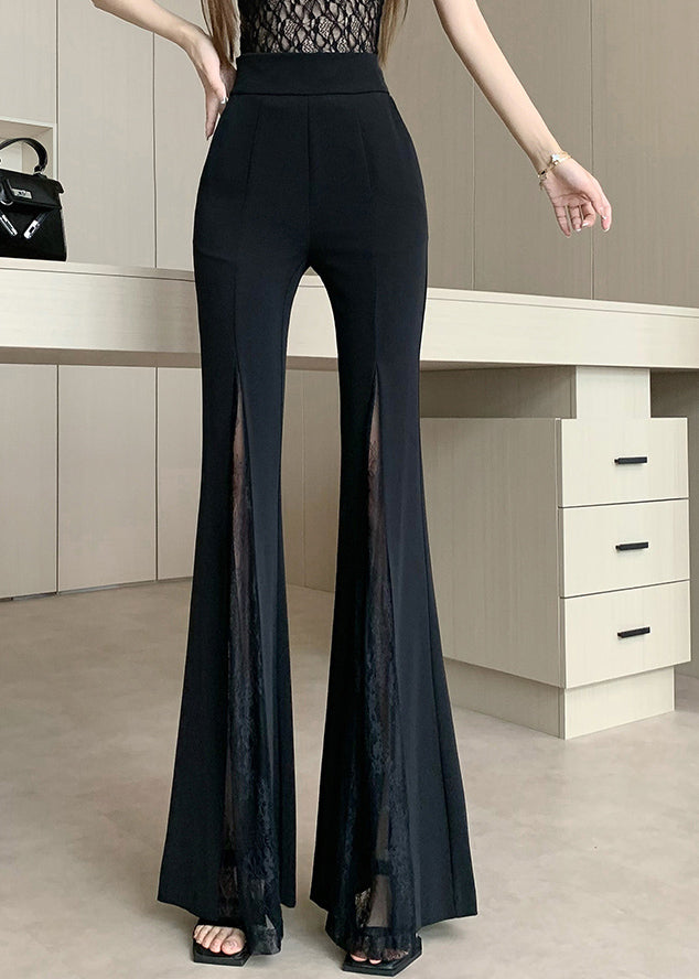 Pantalon drapé patchwork noir, design original, évasé en dentelle