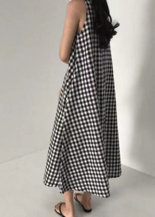 Original Design Schwarz O Neck Plaid Baumwolle Langes Kleid Ärmelloses AP040