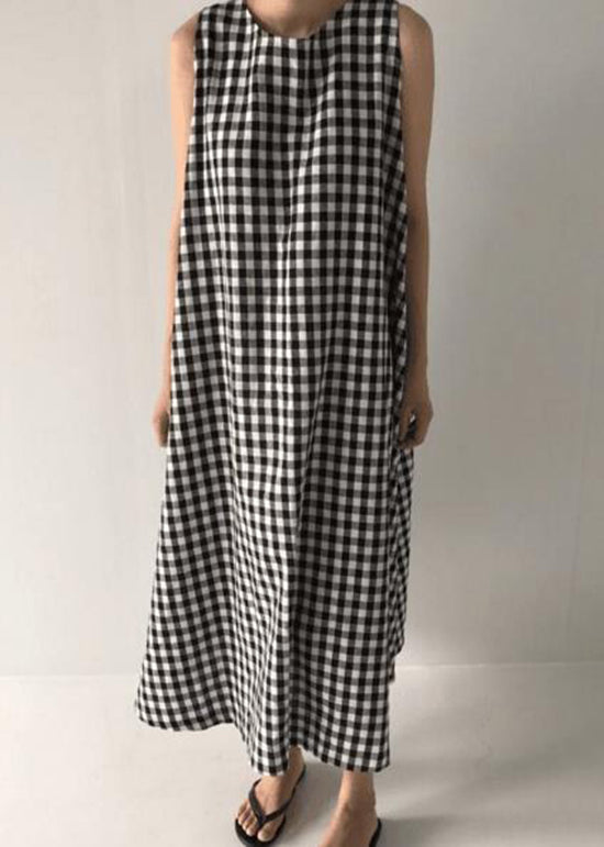 Original Design Black O Neck Plaid Cotton Long Dress Sleeveless AP040