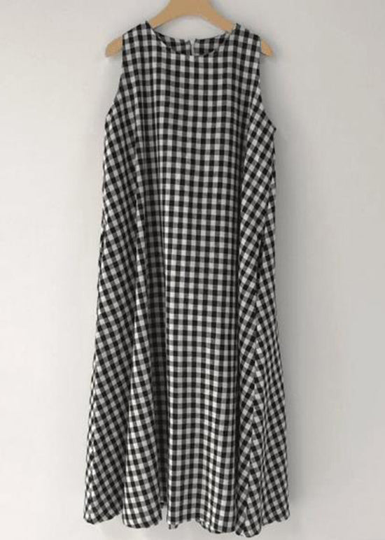 Original Design Black O Neck Plaid Cotton Long Dress Sleeveless AP040