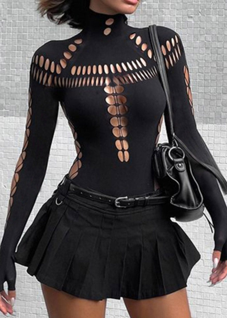 Black Original Turtleneck Tulle Hollow Out Bodysuit Design