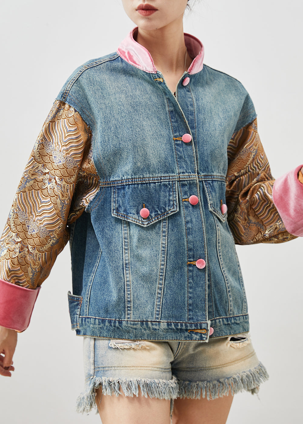 Veste en jean patchwork oversize bleue au design original Printemps FA300