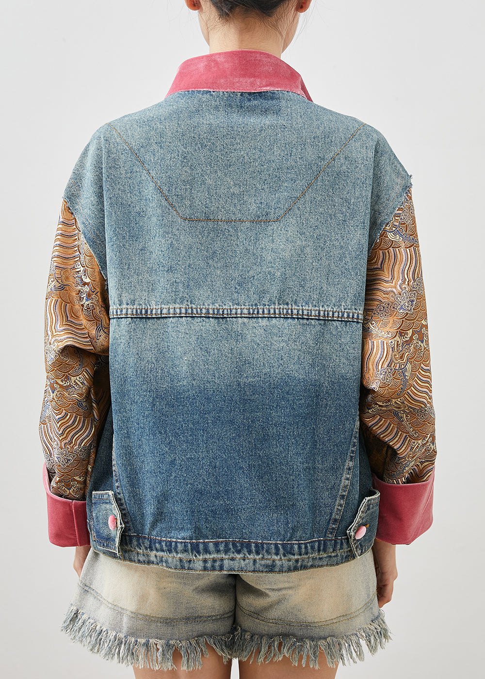 Original Design Blau Übergroße Patchwork Jeansjacke Frühling FA300