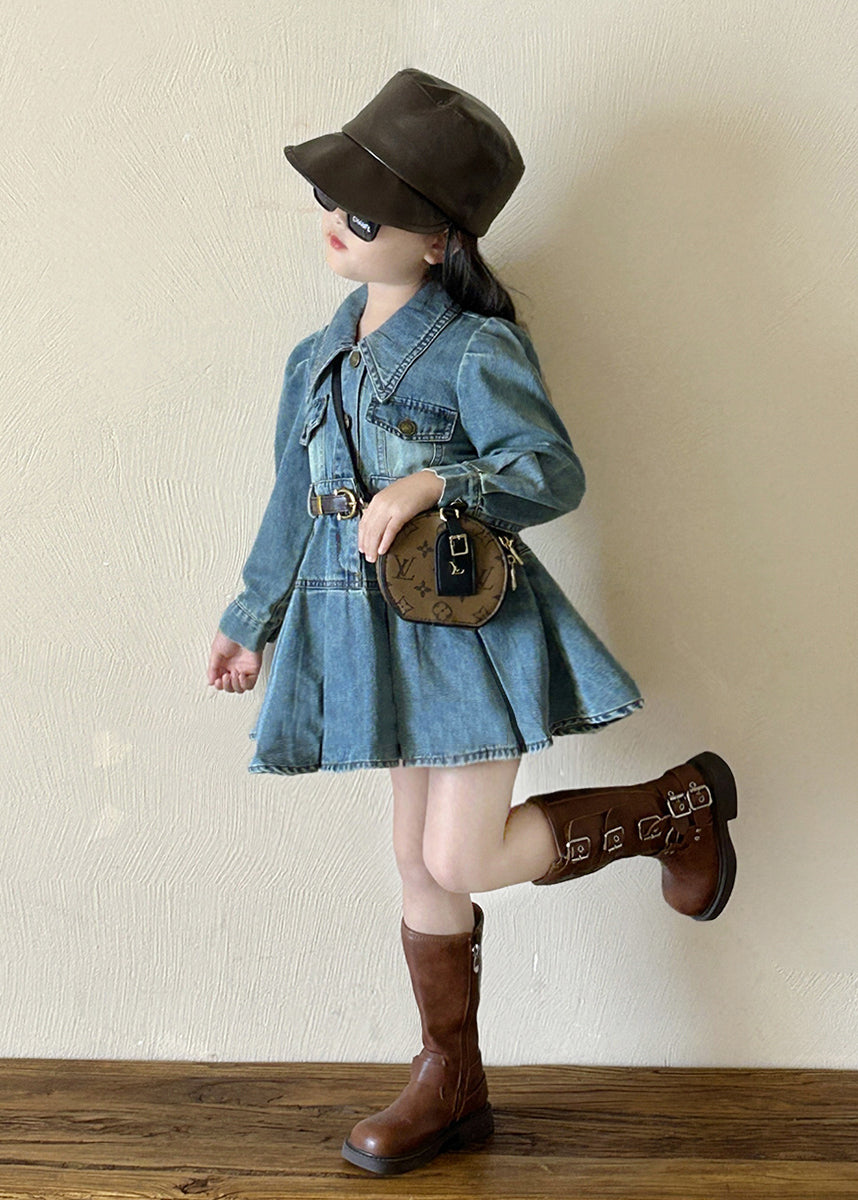 Robe mi-longue en jean bleu à col Peter Pan et boutons pour fille, design original, printemps TV039
