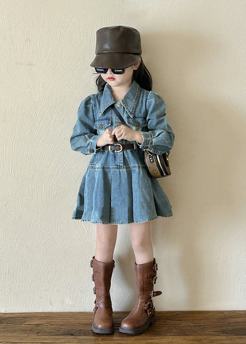 Robe mi-longue en jean bleu à col Peter Pan et boutons pour fille, design original, printemps TV039