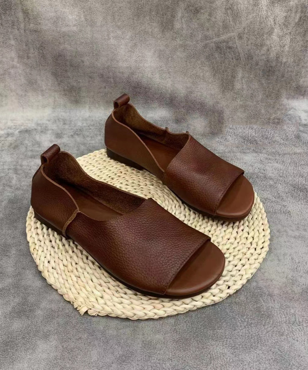 Original Design Brown Cowhide Leather Walking Sandals Peep Toe RT1027