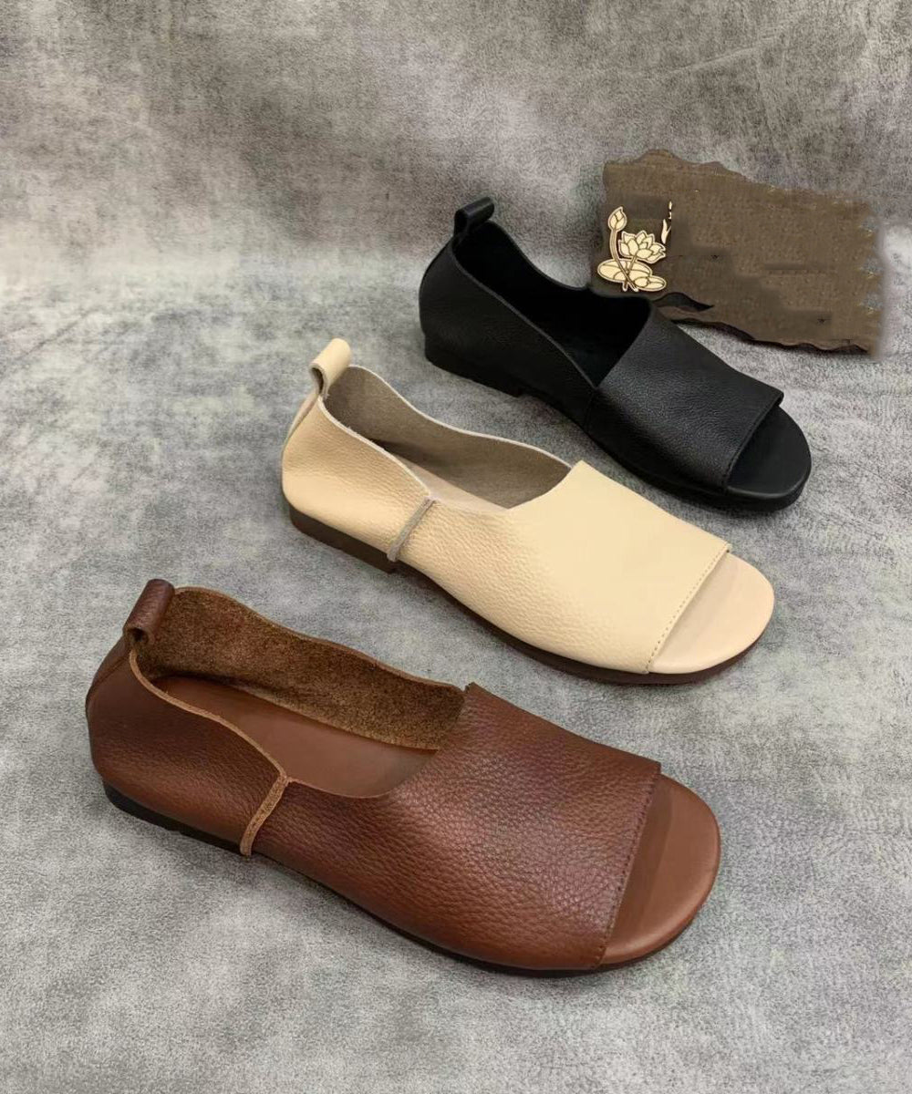 Original Design Brown Cowhide Leather Walking Sandals Peep Toe RT1027